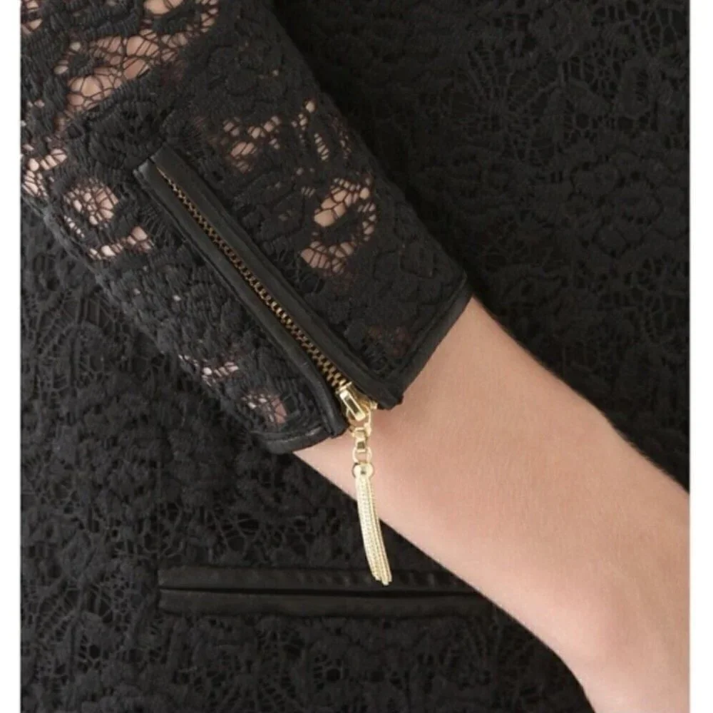 $298 Juicy Couture Sz XS Black Lace Mini Dress Faux Leather Trim Shift Sheath